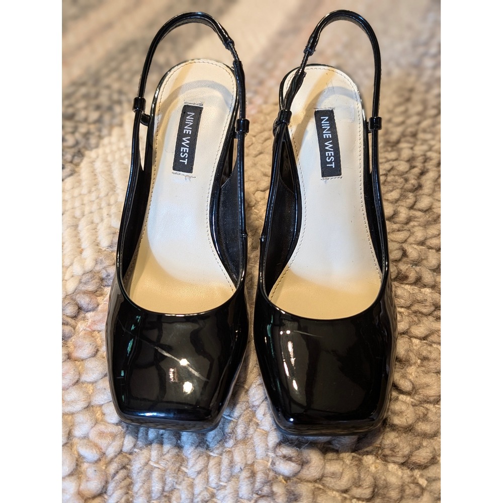 Nine West Yappy Black Faux Patent Square Toe Block Heel Slingback Pumps 5.5M